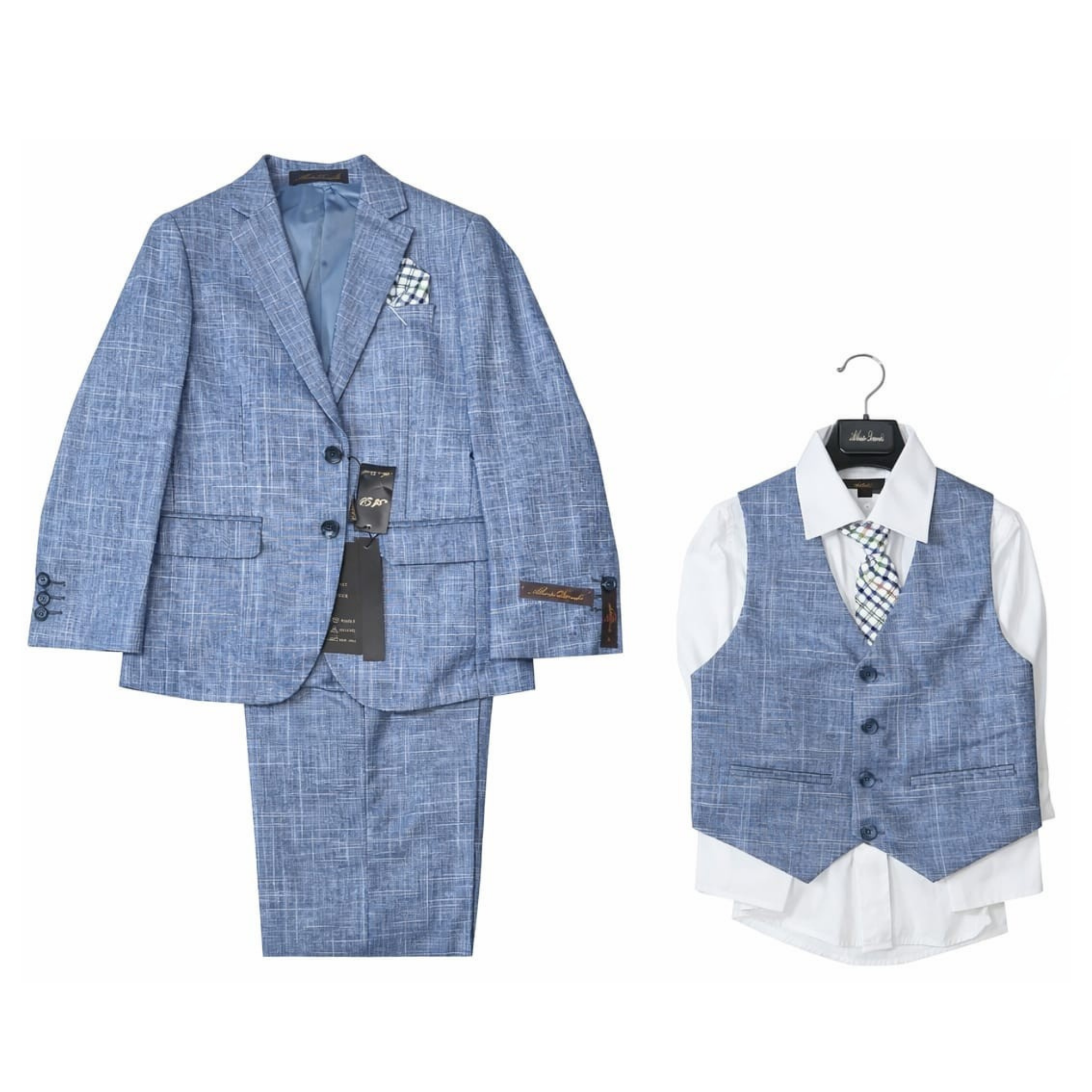 Blue checkered suit with vest and shirt on a white background