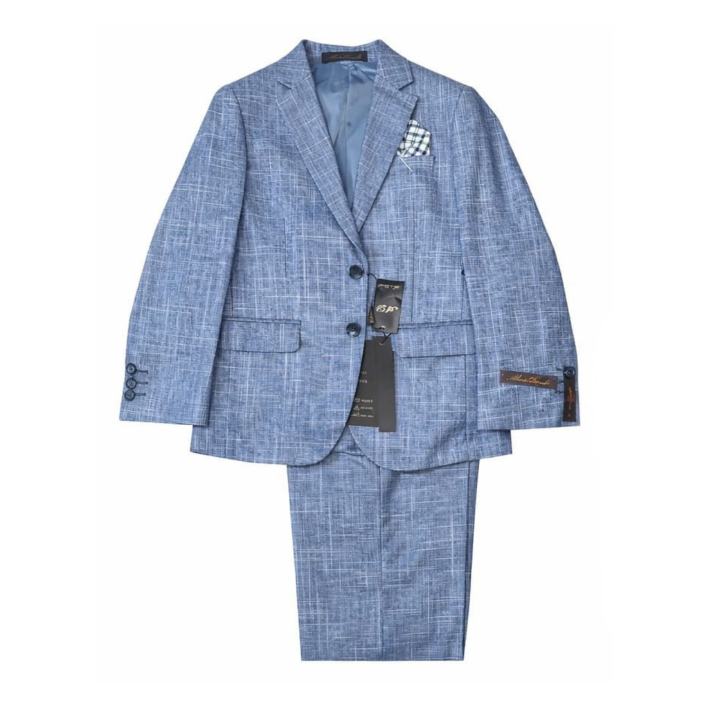 Blue checkered suit with tags on a white background