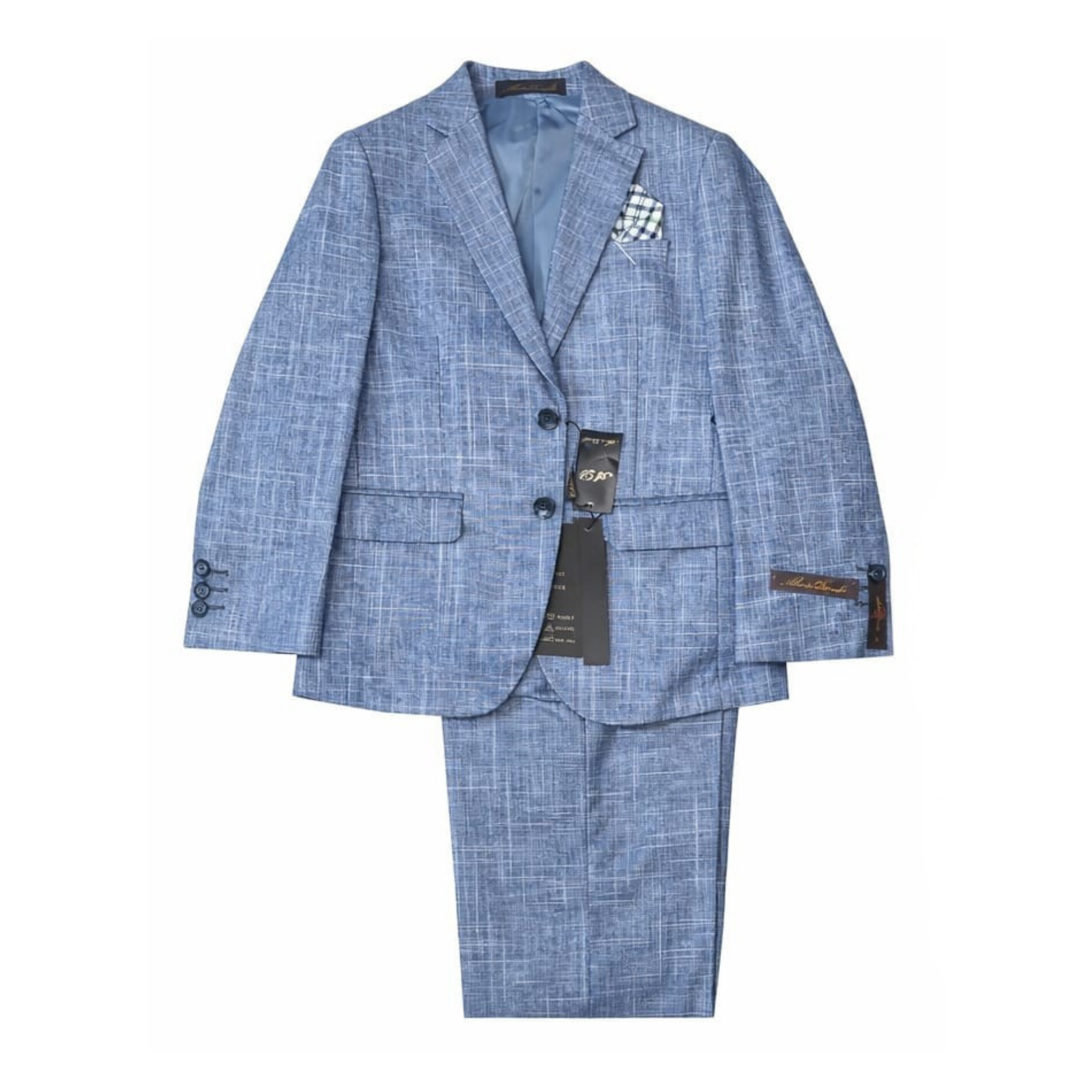 Blue checkered suit with tags on a white background