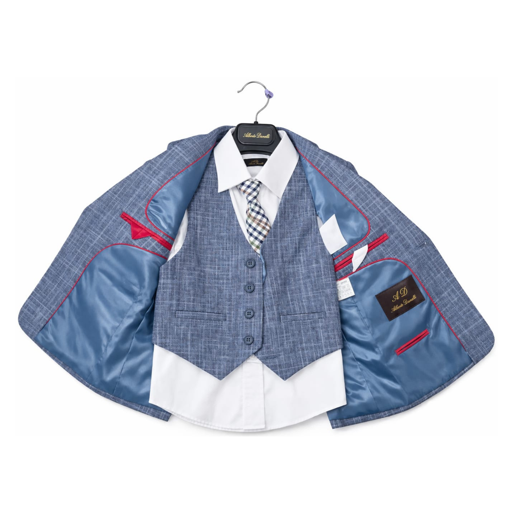 Children's formal outfit with jacket, vest, and shirt on a hanger against a white background