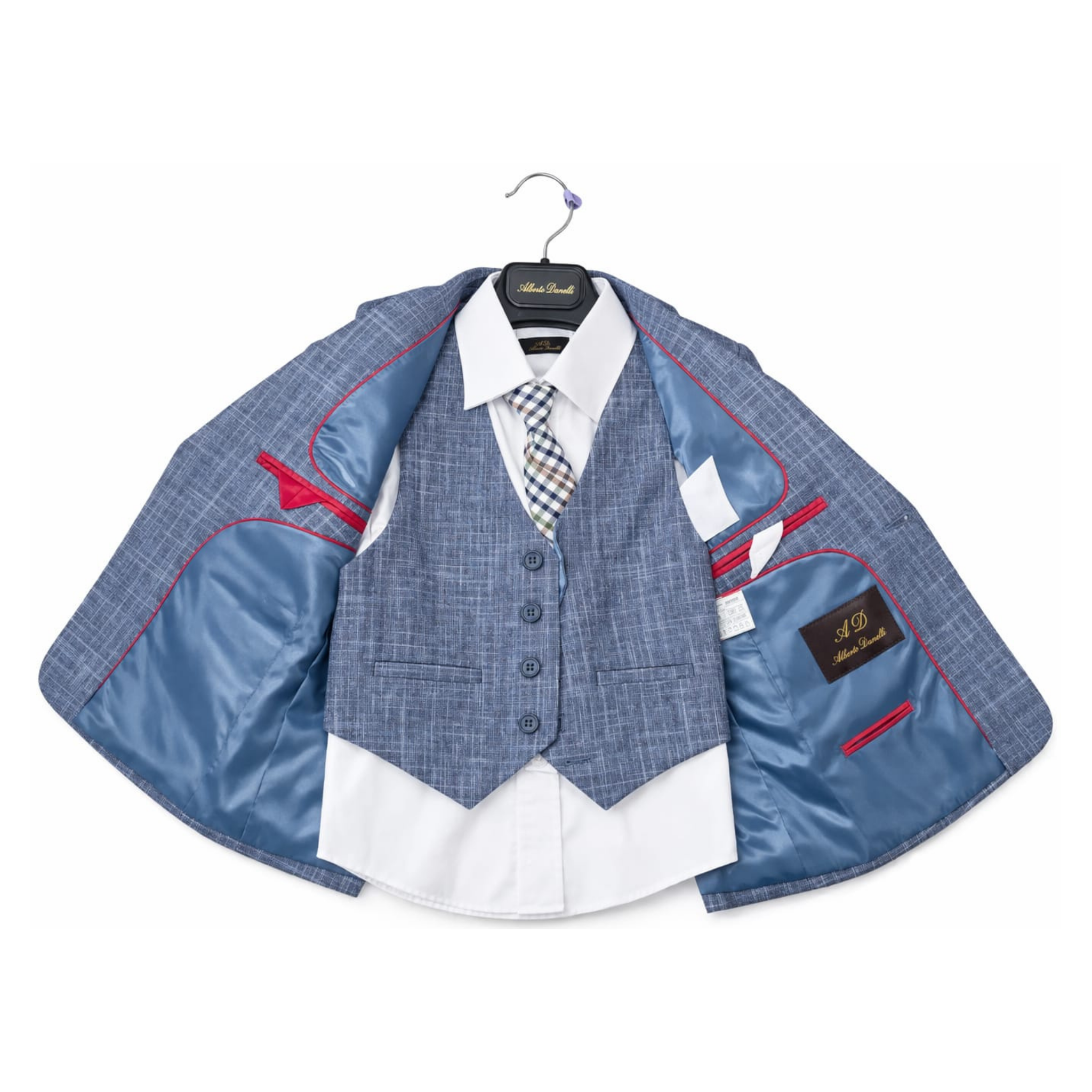Children's formal outfit with jacket, vest, and shirt on a hanger against a white background