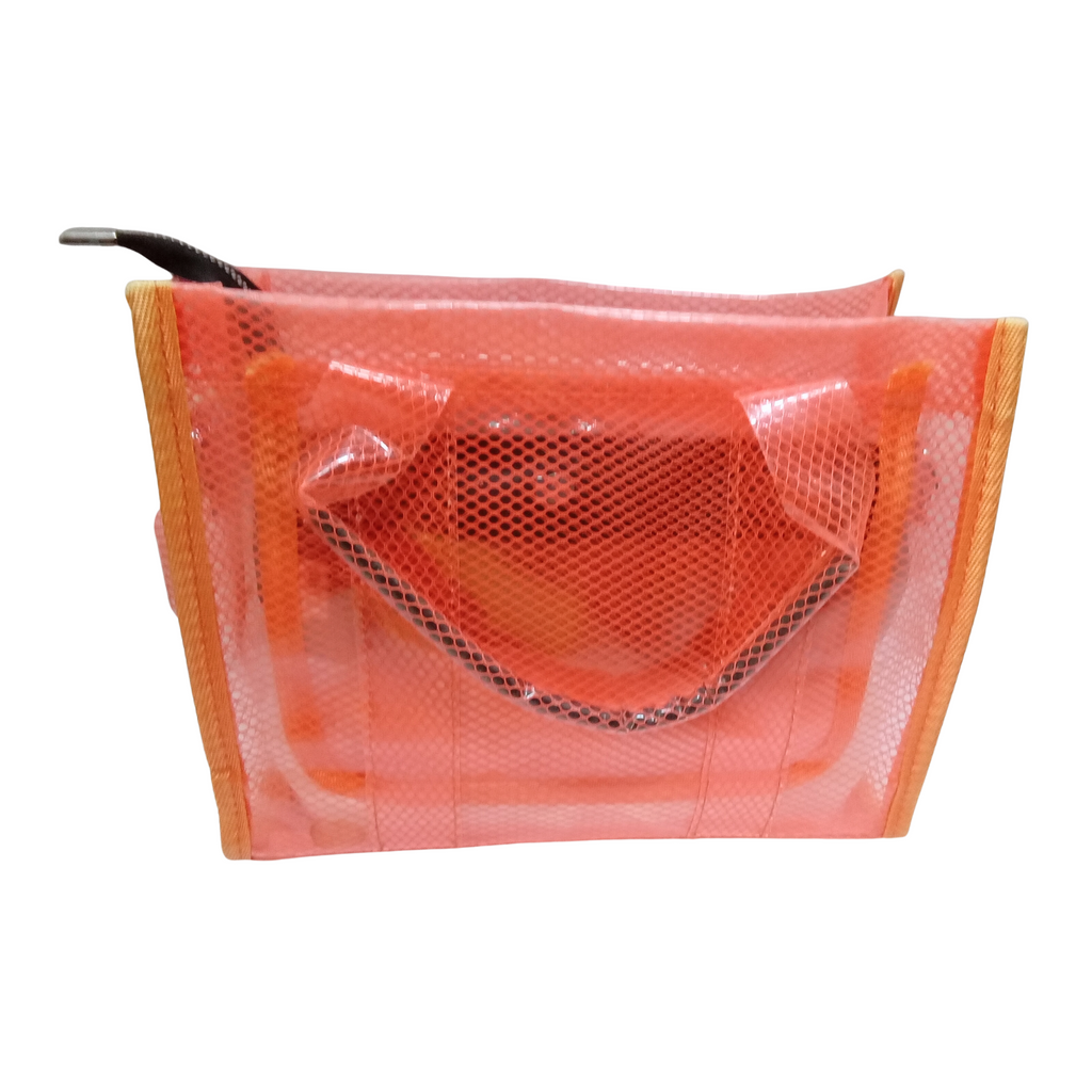 Orange mesh pouch with a clear window on a white background