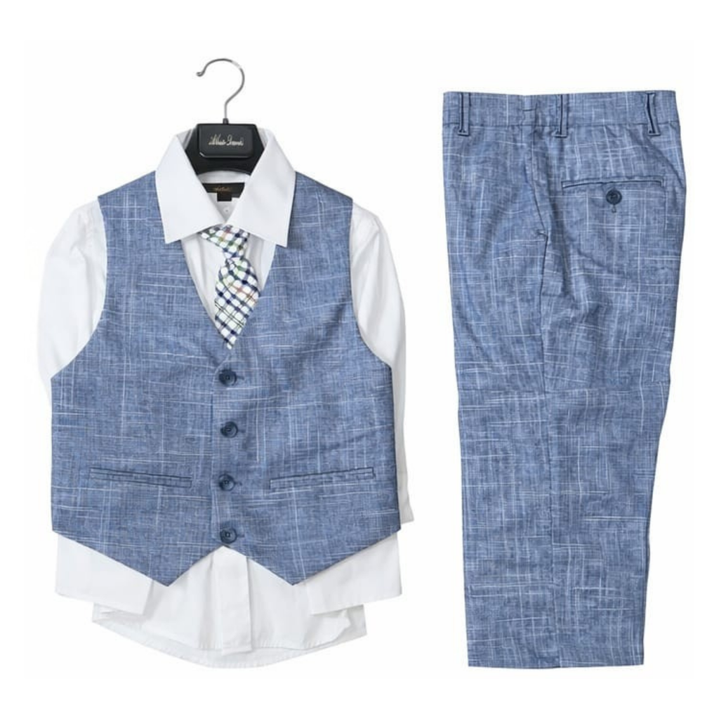 Children's formal outfit with blue vest, pants, and shirt on a white background