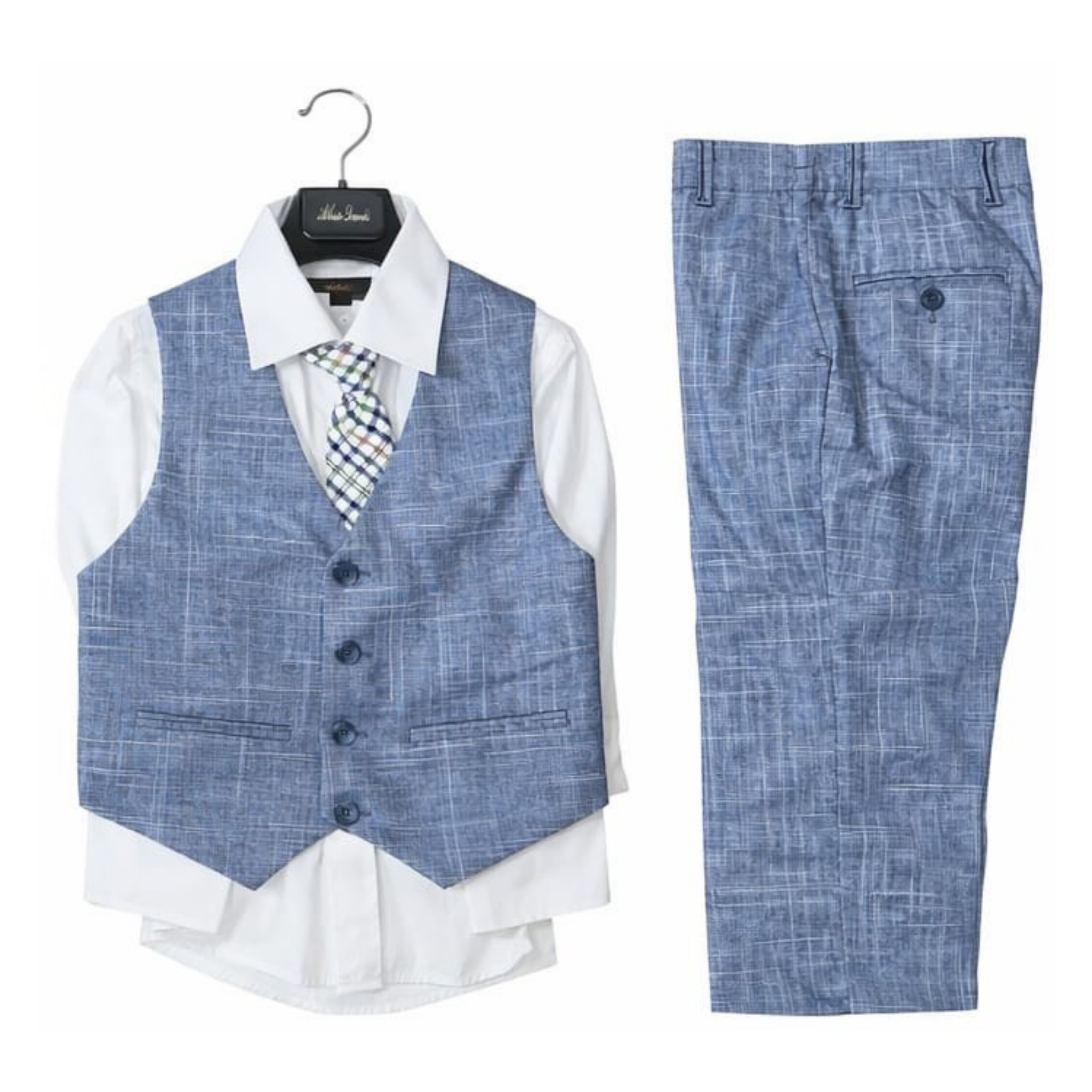 Children's formal outfit with blue vest, pants, and shirt on a white background