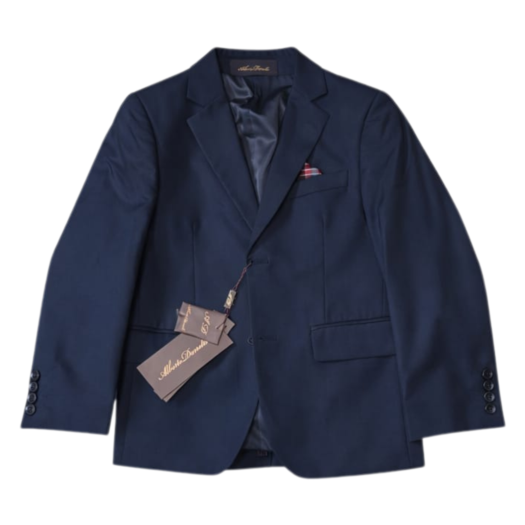 Navy blue blazer with a tag on a white background