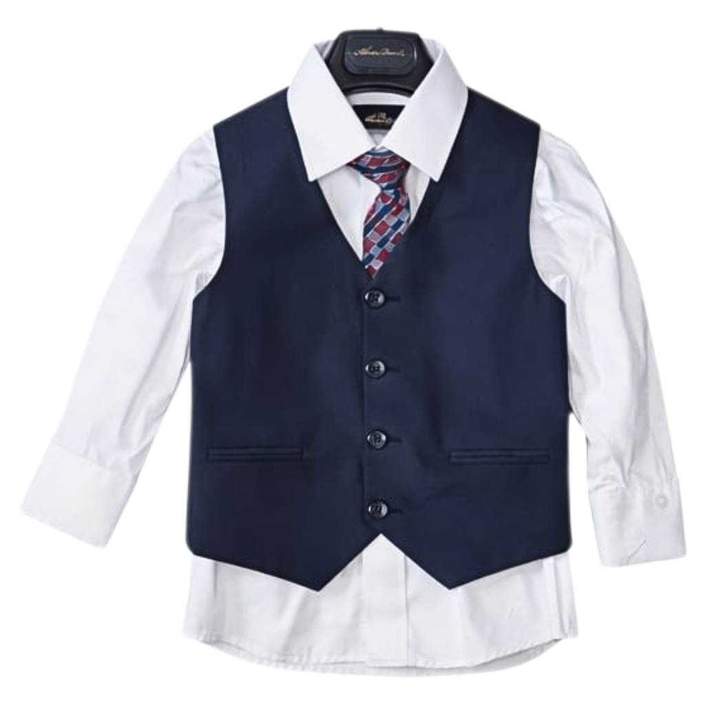 Navy vest over a white shirt with a patterned tie on a white background