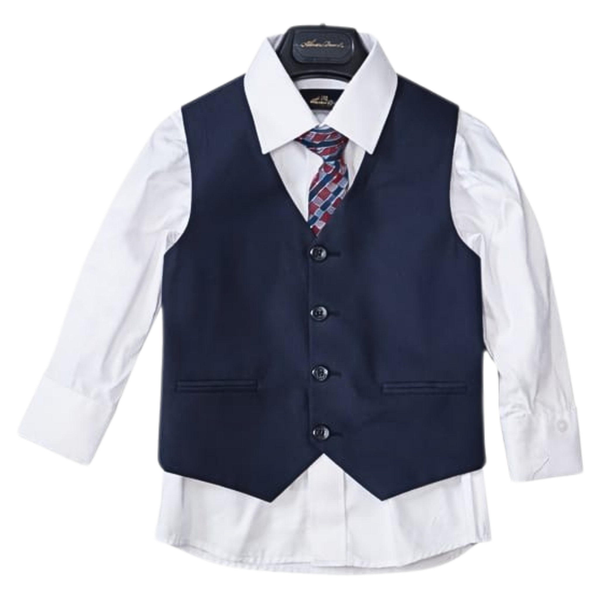 Navy vest over a white shirt with a patterned tie on a white background