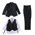 Black suit jacket, pants, and vest set on a white background