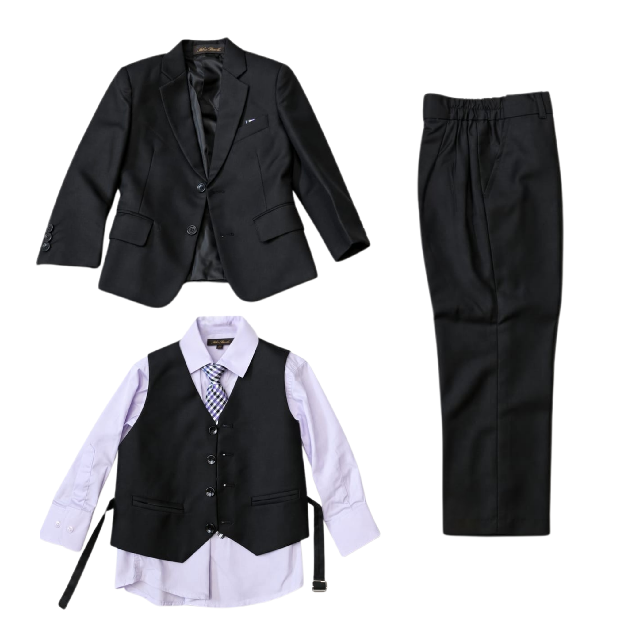 Black suit jacket, pants, and vest set on a white background