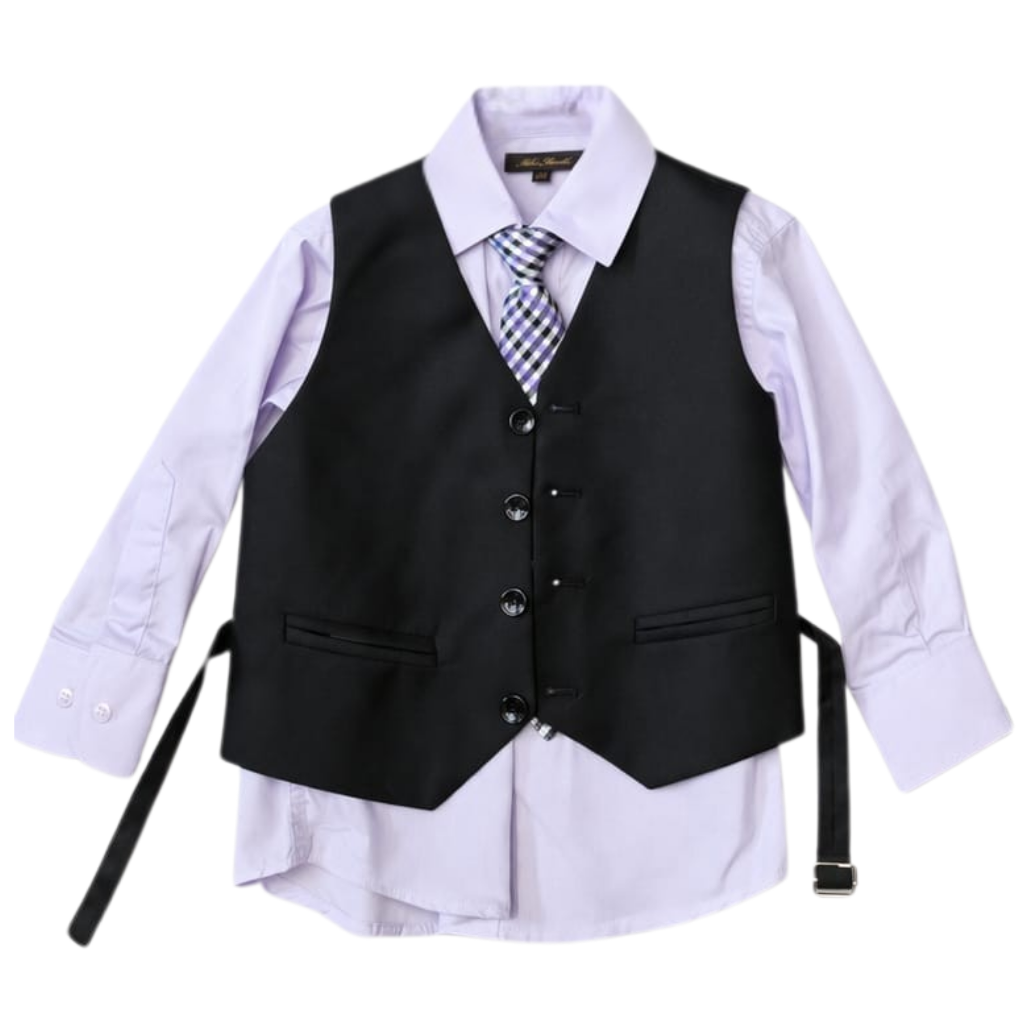 Black vest over a white shirt on a white background