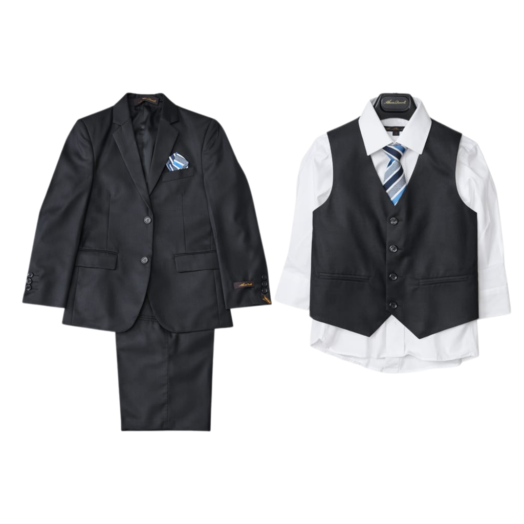 Black suit jacket with pocket square, black vest over white shirt with tie, on white background
