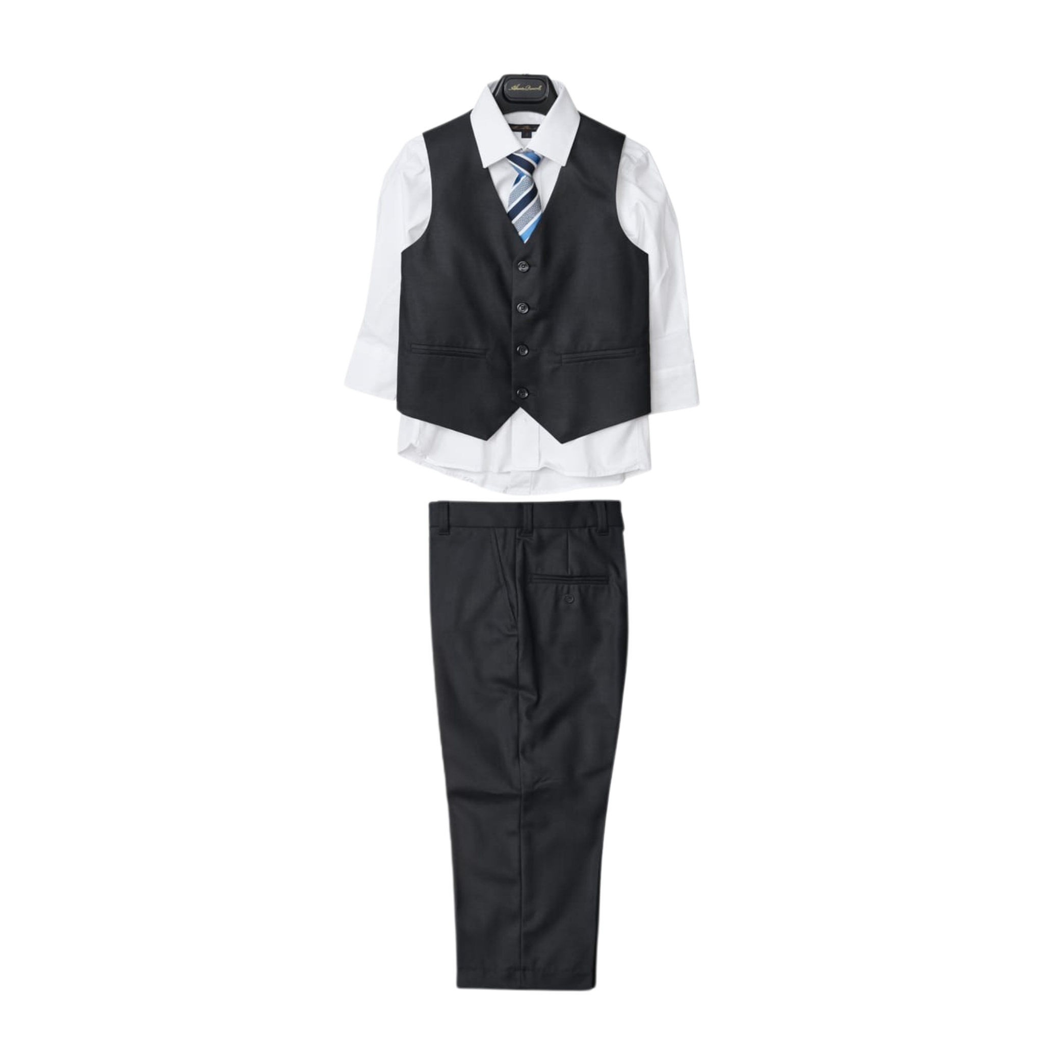 Children's formal outfit with vest, shirt, and pants on a white background