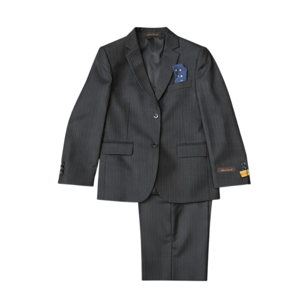 Gray pinstripe suit with a pocket square on a white background
