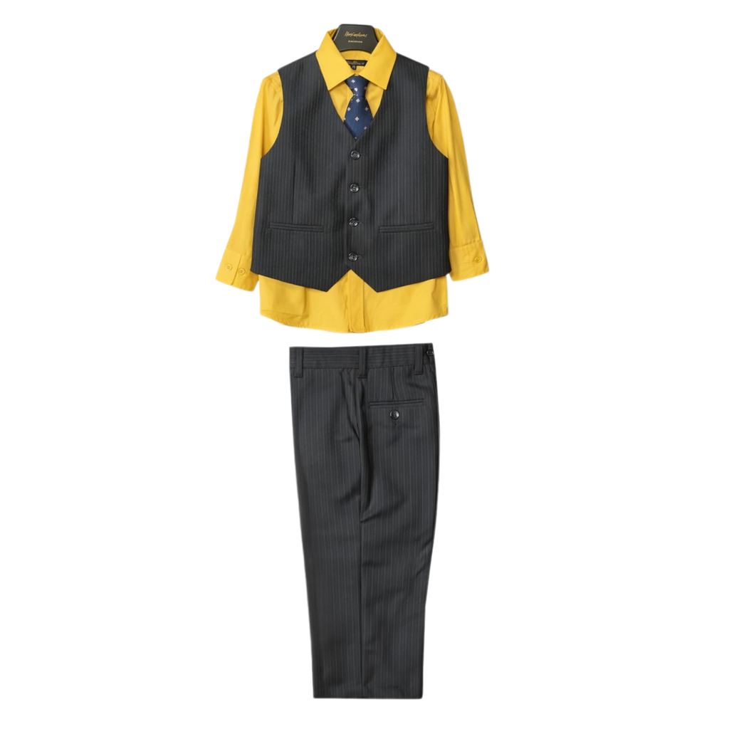 Yellow dress shirt with grey vest and pants on a white background