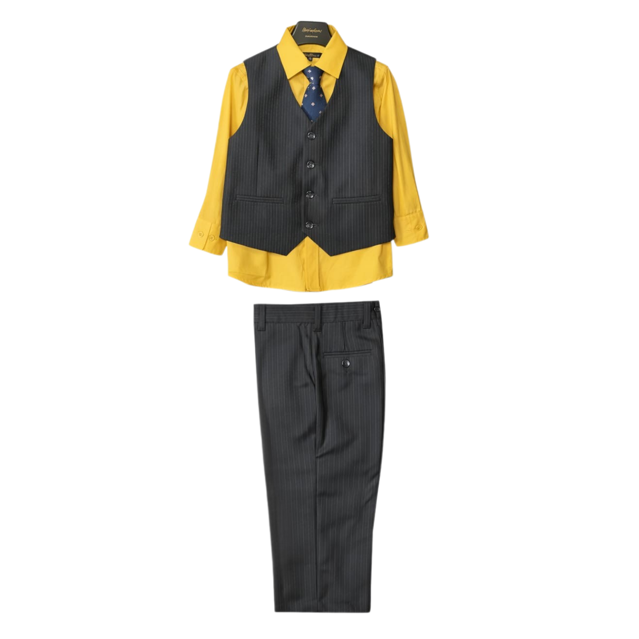 Yellow dress shirt with grey vest and pants on a white background