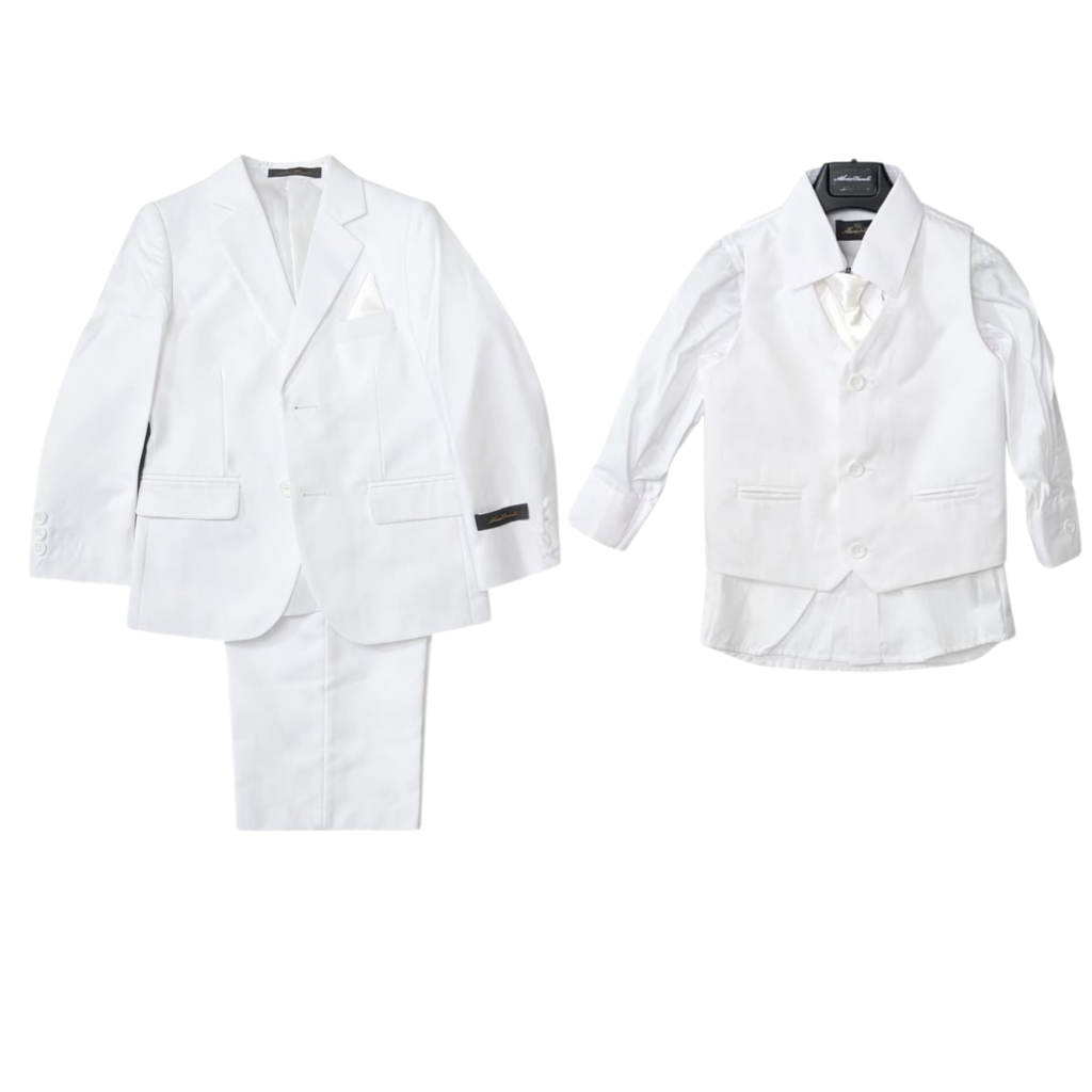  white suits with vests on a white background