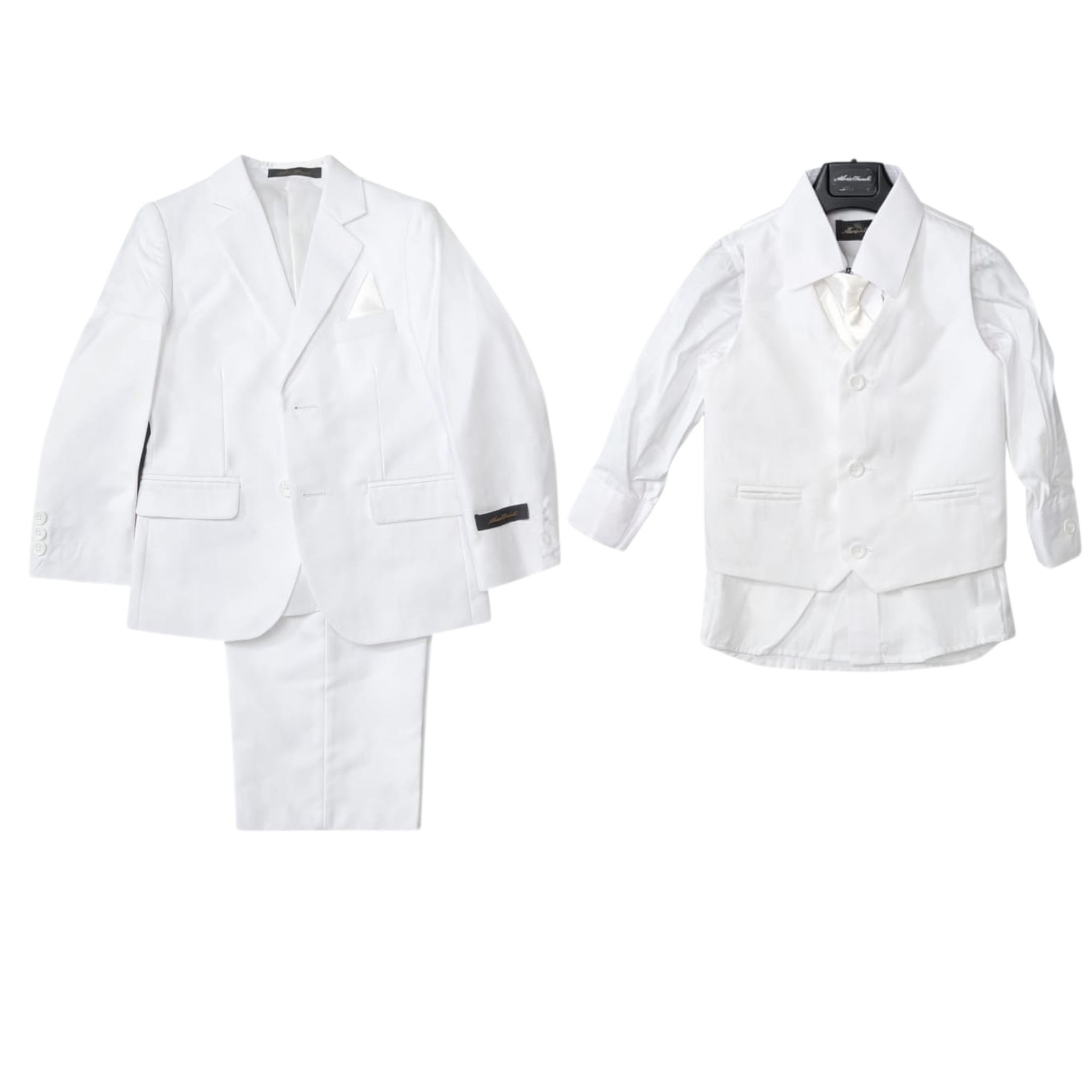  white suits with vests on a white background