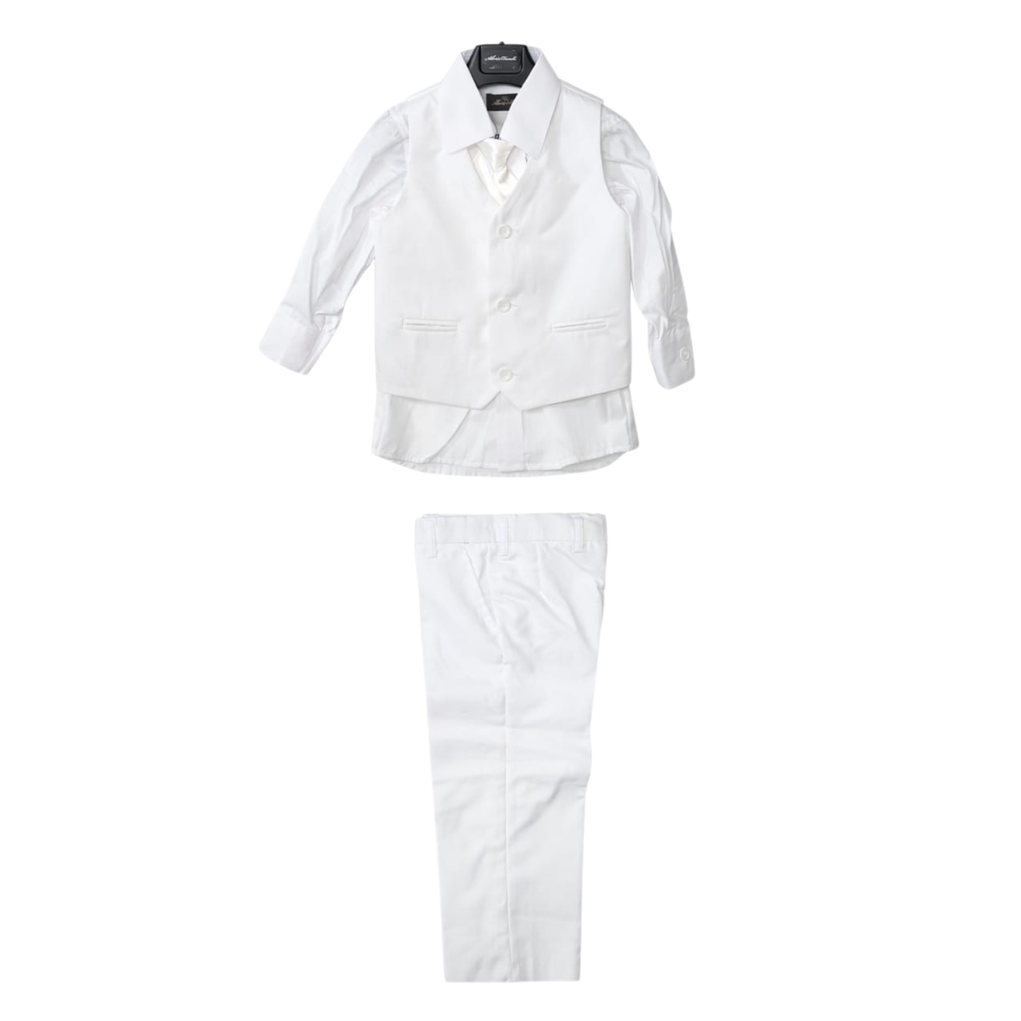 White formal suit with shirt and pants on a white background