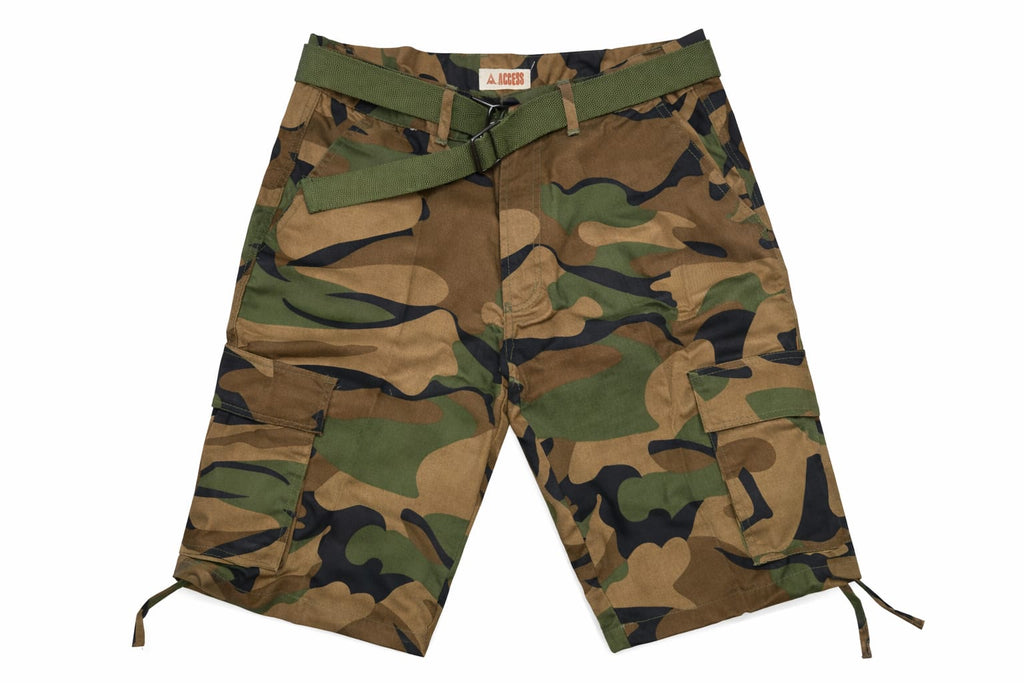 Camouflage shorts with a belt on a white background