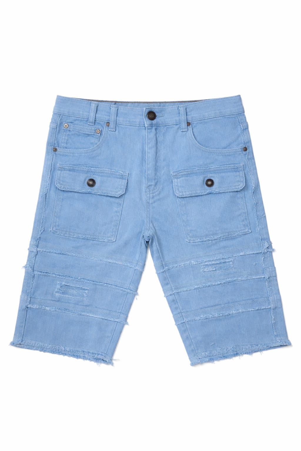Light blue denim shorts with multiple pockets on a white background