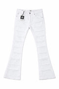 White flared jeans with a brand tag on a white background.