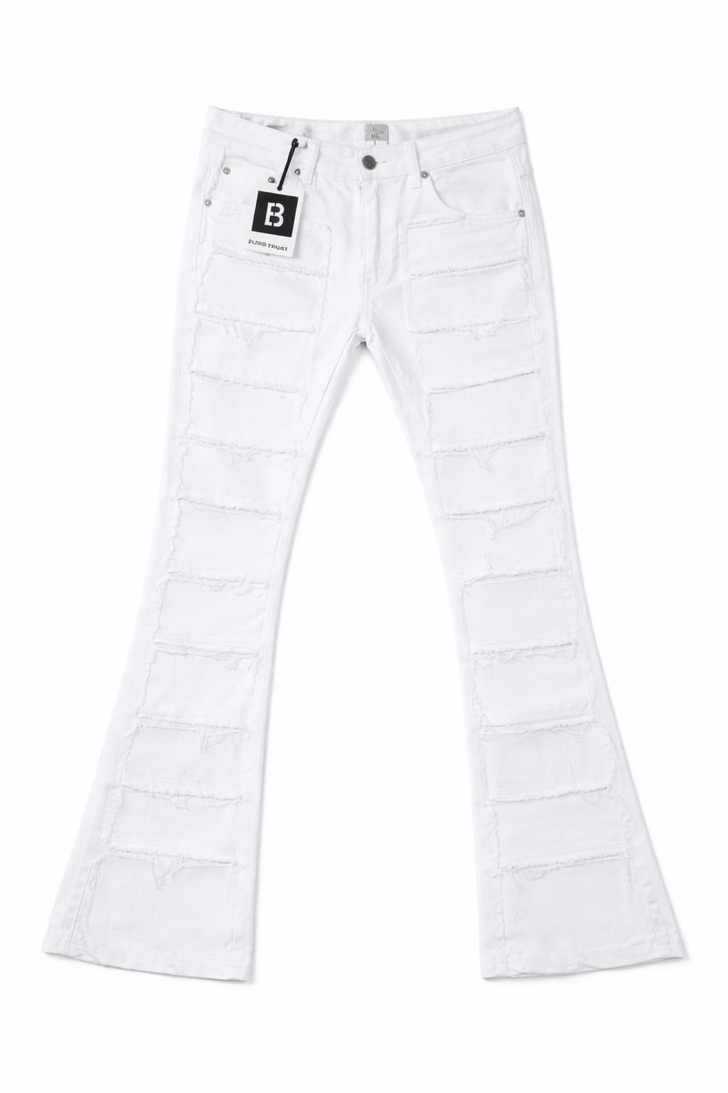 White flared jeans with a brand tag on a white background.