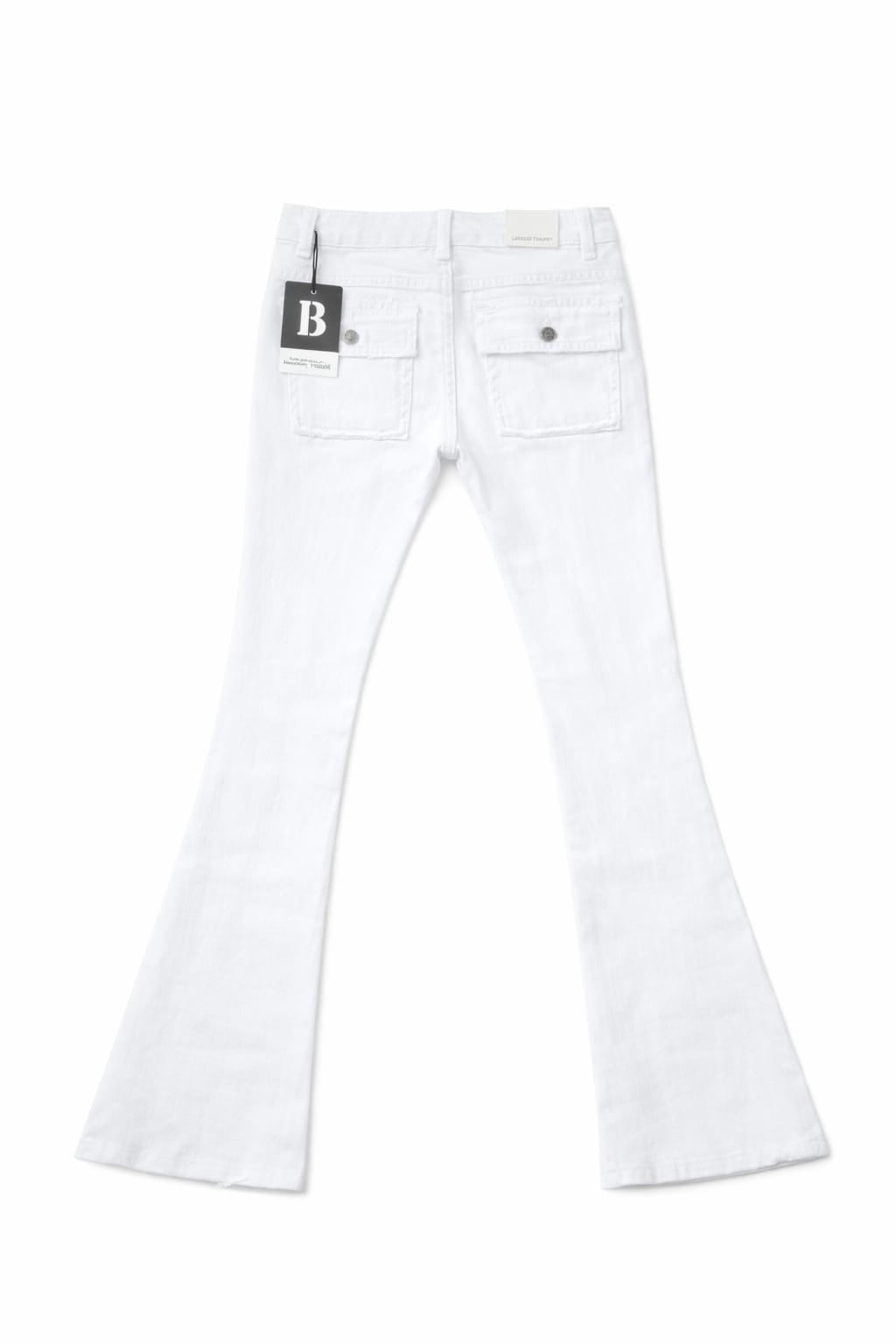 White flared jeans with a brand label on a white background