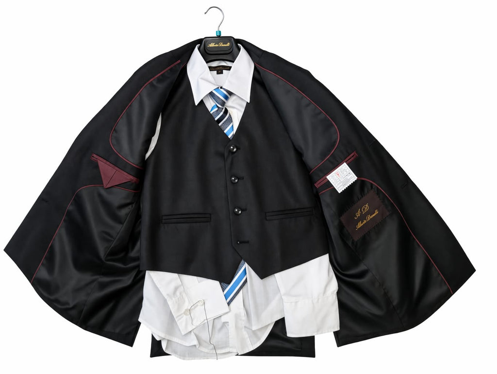 Black suit jacket with white shirt and blue tie on a hanger against a white background