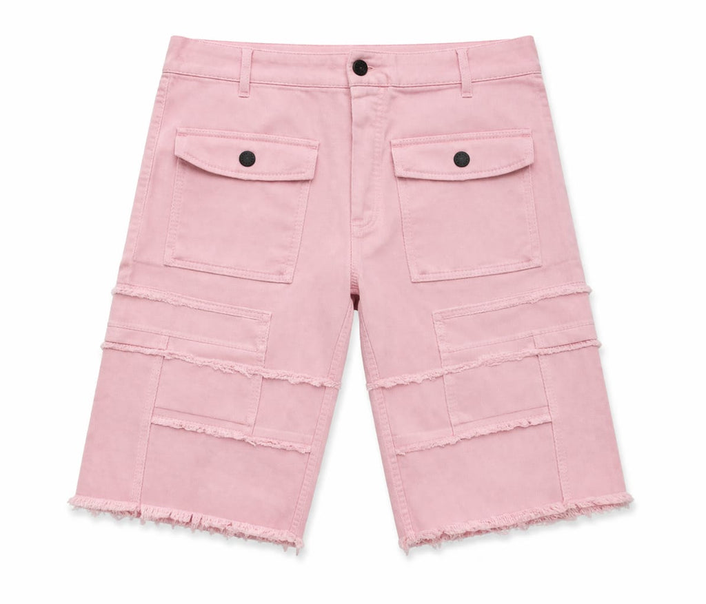 Pink cargo shorts with multiple pockets on a white background