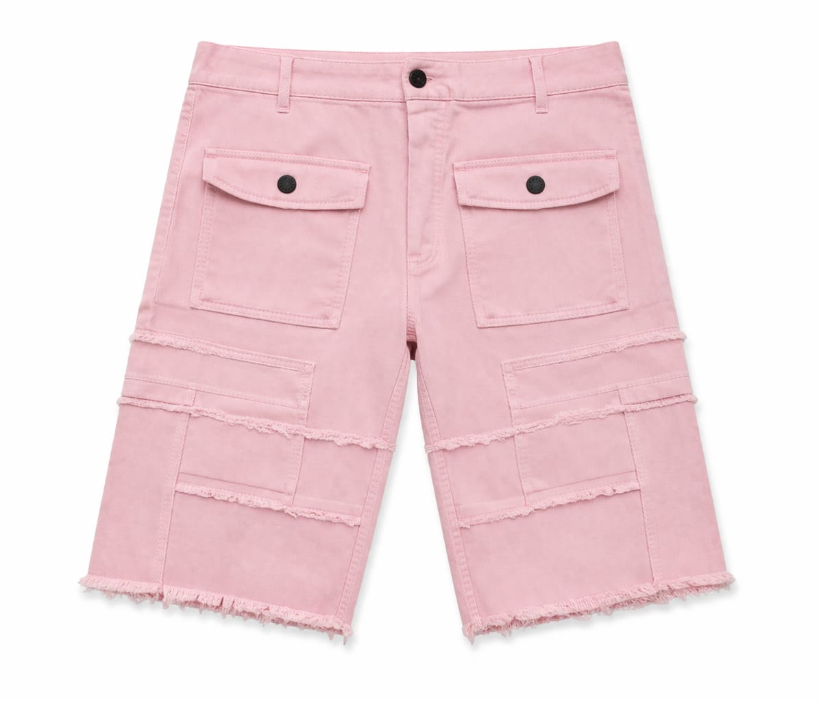 Pink cargo shorts with multiple pockets on a white background