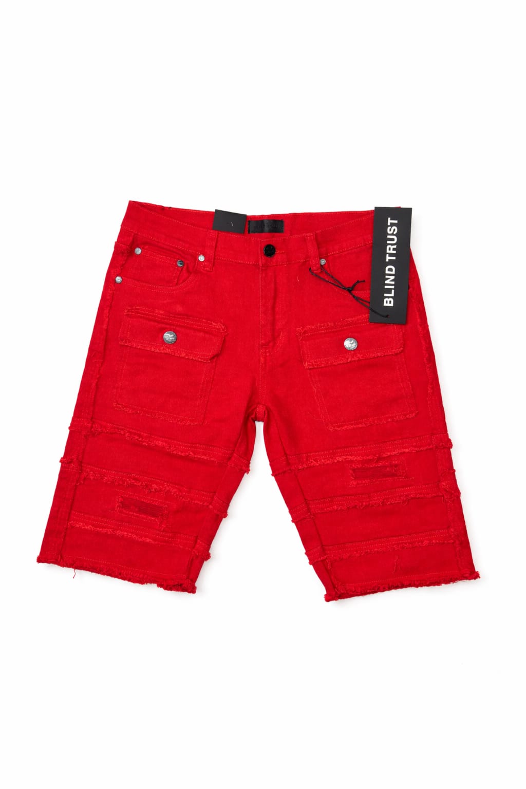 Red shorts with a visible brand tag on a white background