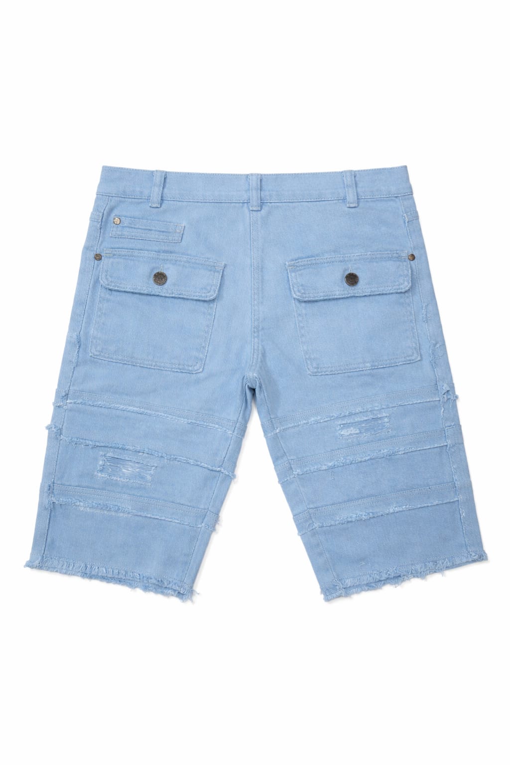 Light blue denim shorts on a white background