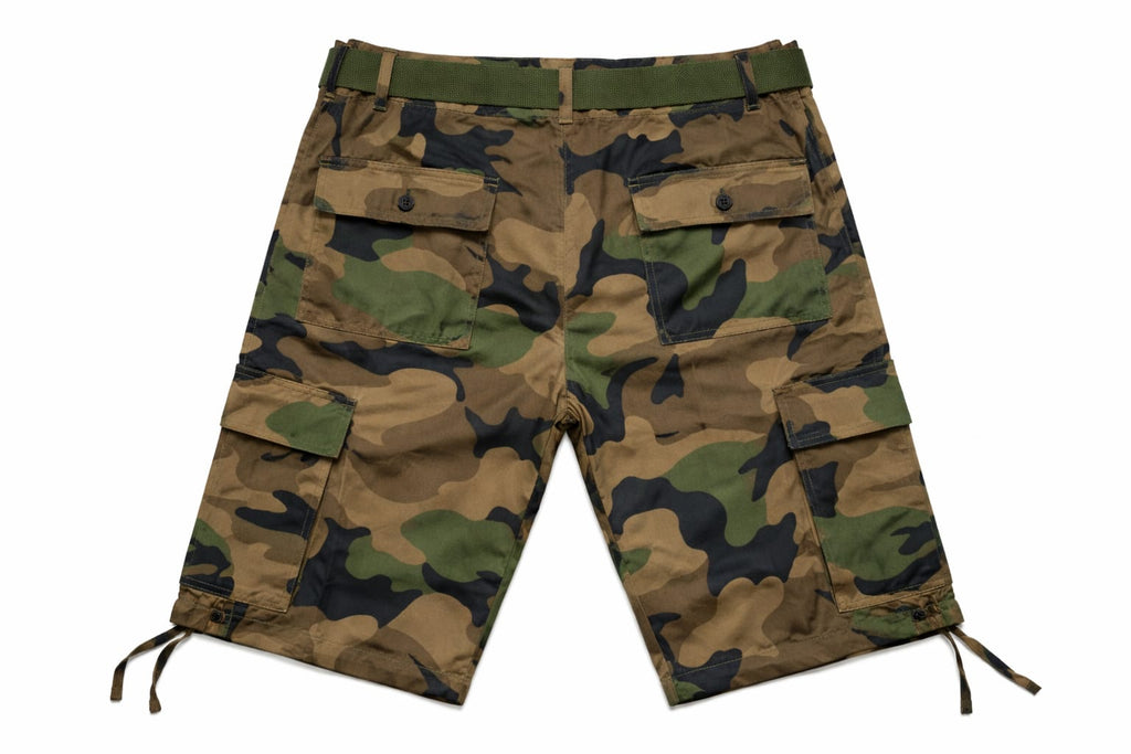 Camouflage shorts with a belt on a white background