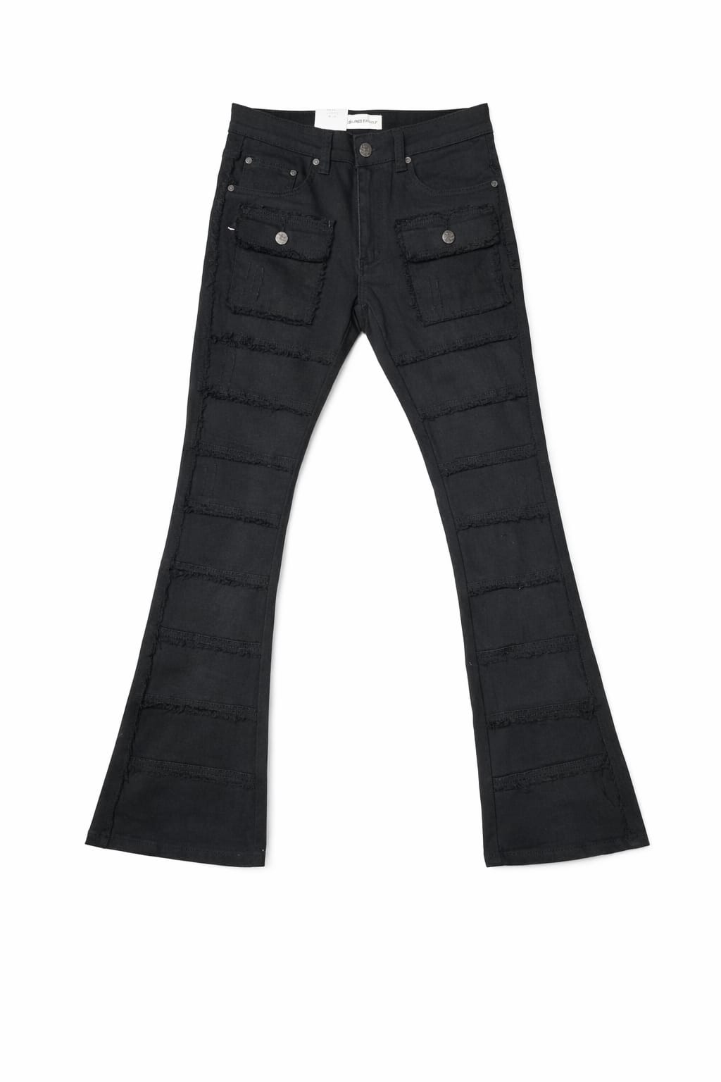 Black flared jeans with a brand tag on a white background