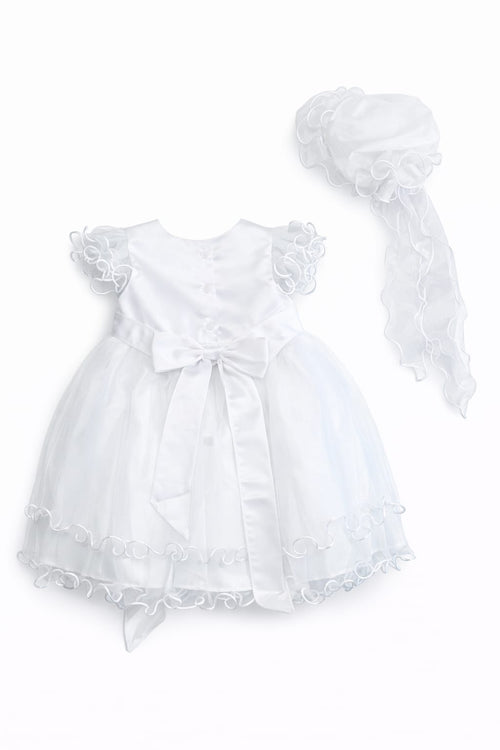 White baby dress with lace details and matching bonnet on a white background
