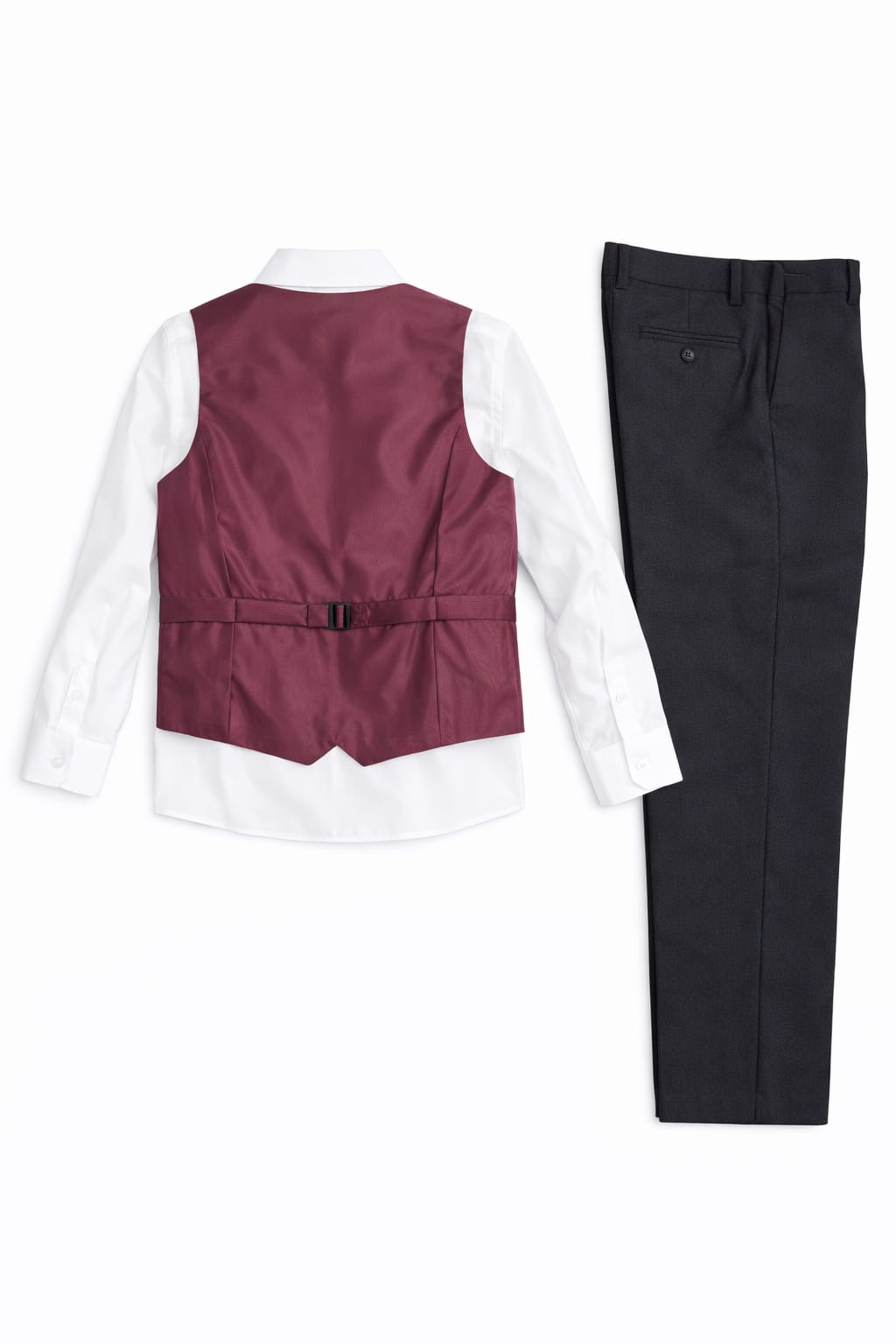 Maroon vest, white shirt, and black pants on a white background