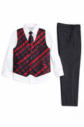 Formal outfit with a red and black striped vest, white shirt, and black pants on a white background