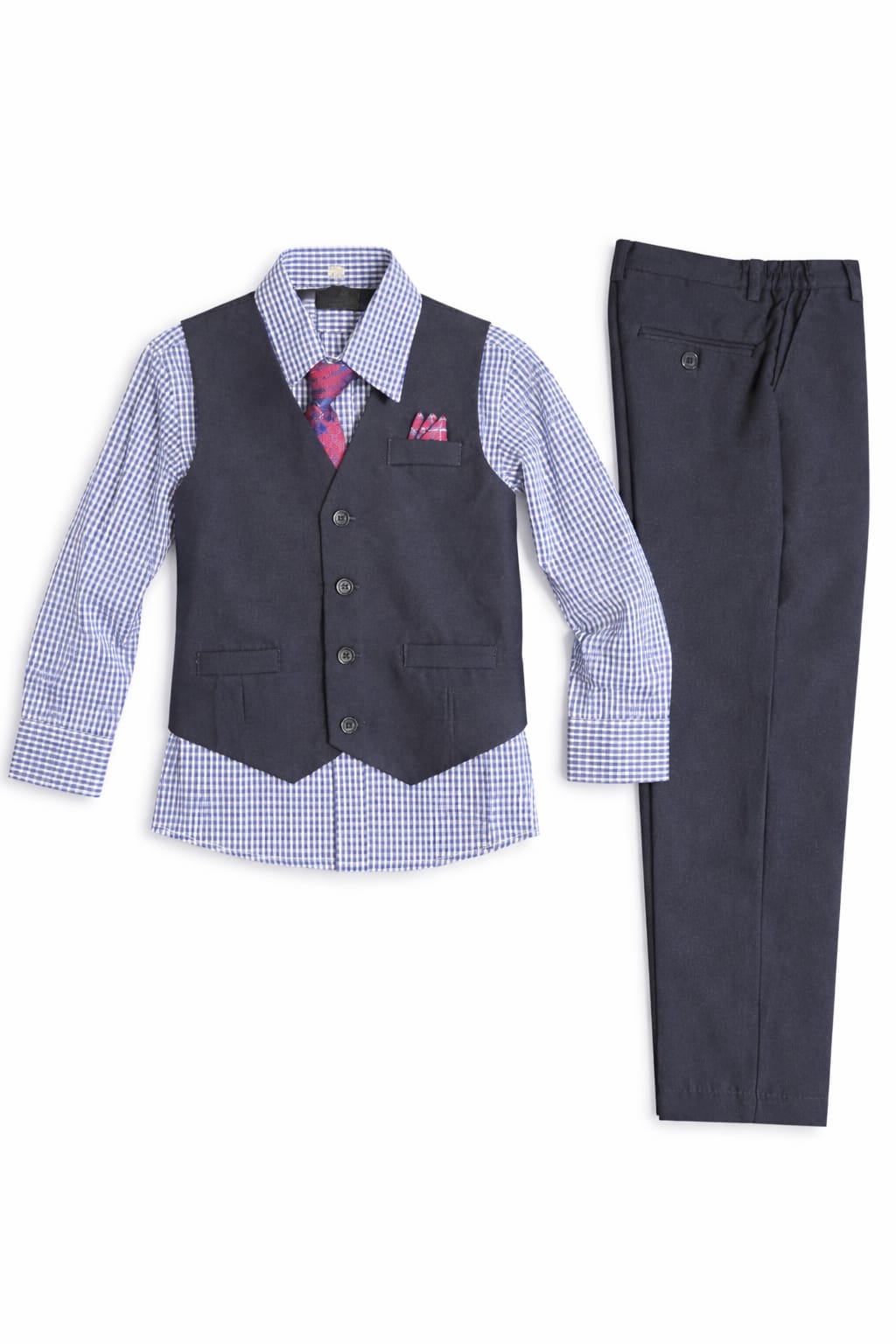 Children's formal outfit with vest, shirt, tie, and pants on a white background