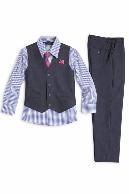 Children's formal outfit with vest, shirt, tie, and pants on a white background