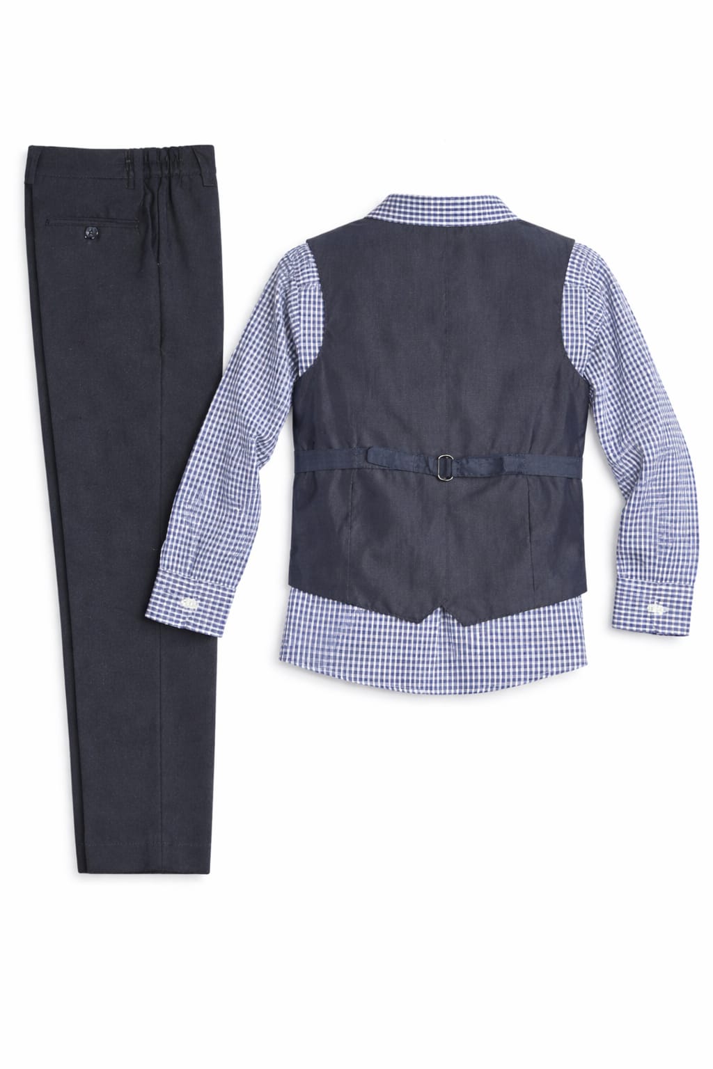 Set of dark gray pants and a matching vest over a checkered shirt on a white background