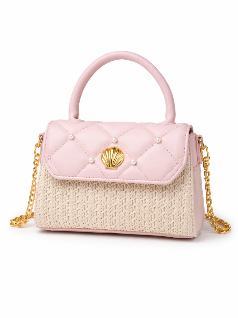 Blush pink woven top handle handbag with pearl quilted flap, gold shell clasp, and chain strap shown from front and back views.