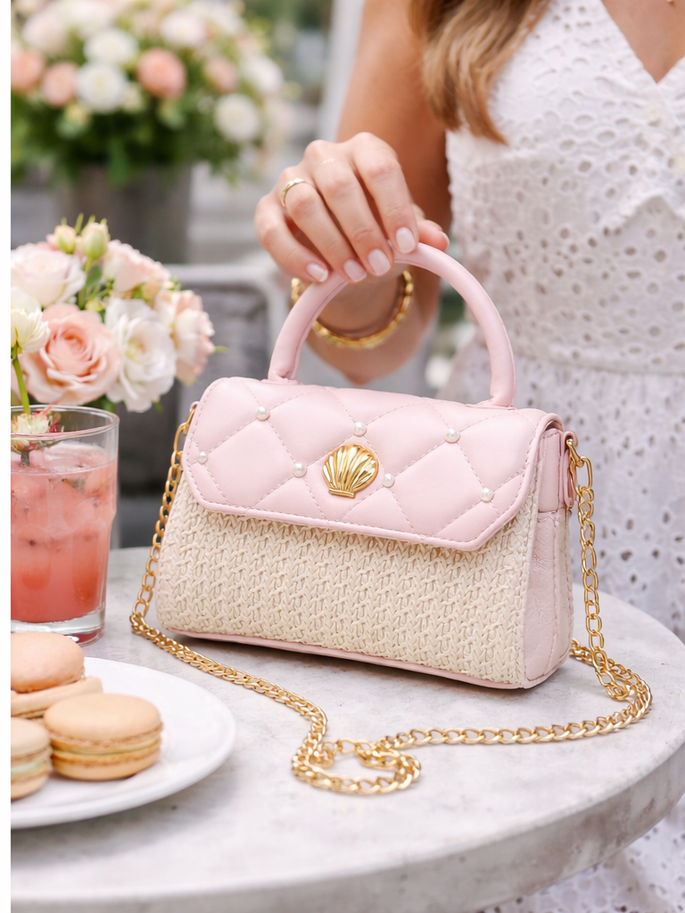 Blush pink woven top handle handbag with pearl quilted flap, gold shell clasp, and chain strap shown from front and back views.