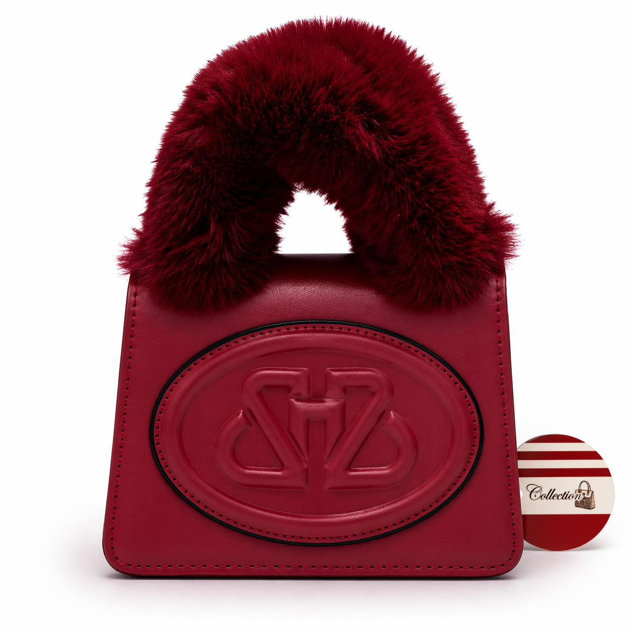 Red handbag with fur handle and brand logo on a white background