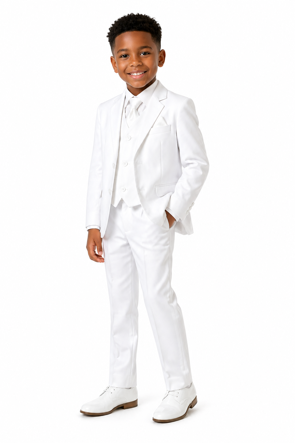 Young boy wearing a white suit on a white background