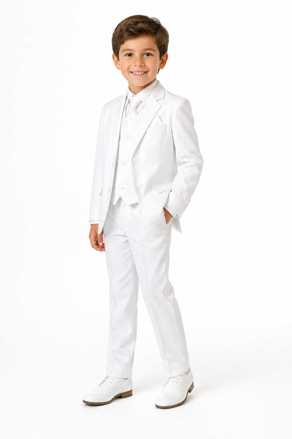 Young boy wearing a white suit on a white background