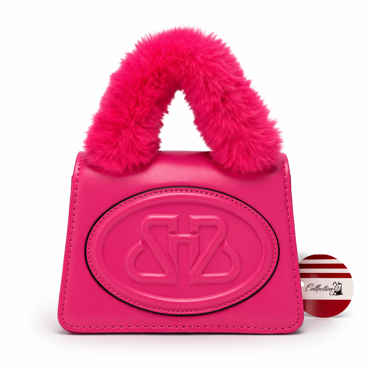 Pink handbag with fluffy handle on a white background