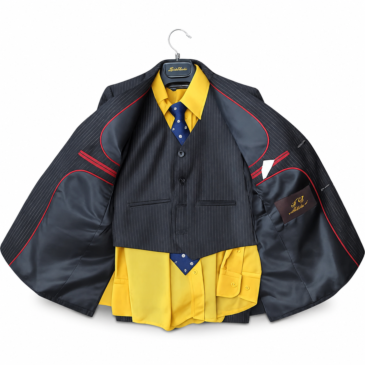 Children's pinstripe suit with red trim on a hanger against a white background