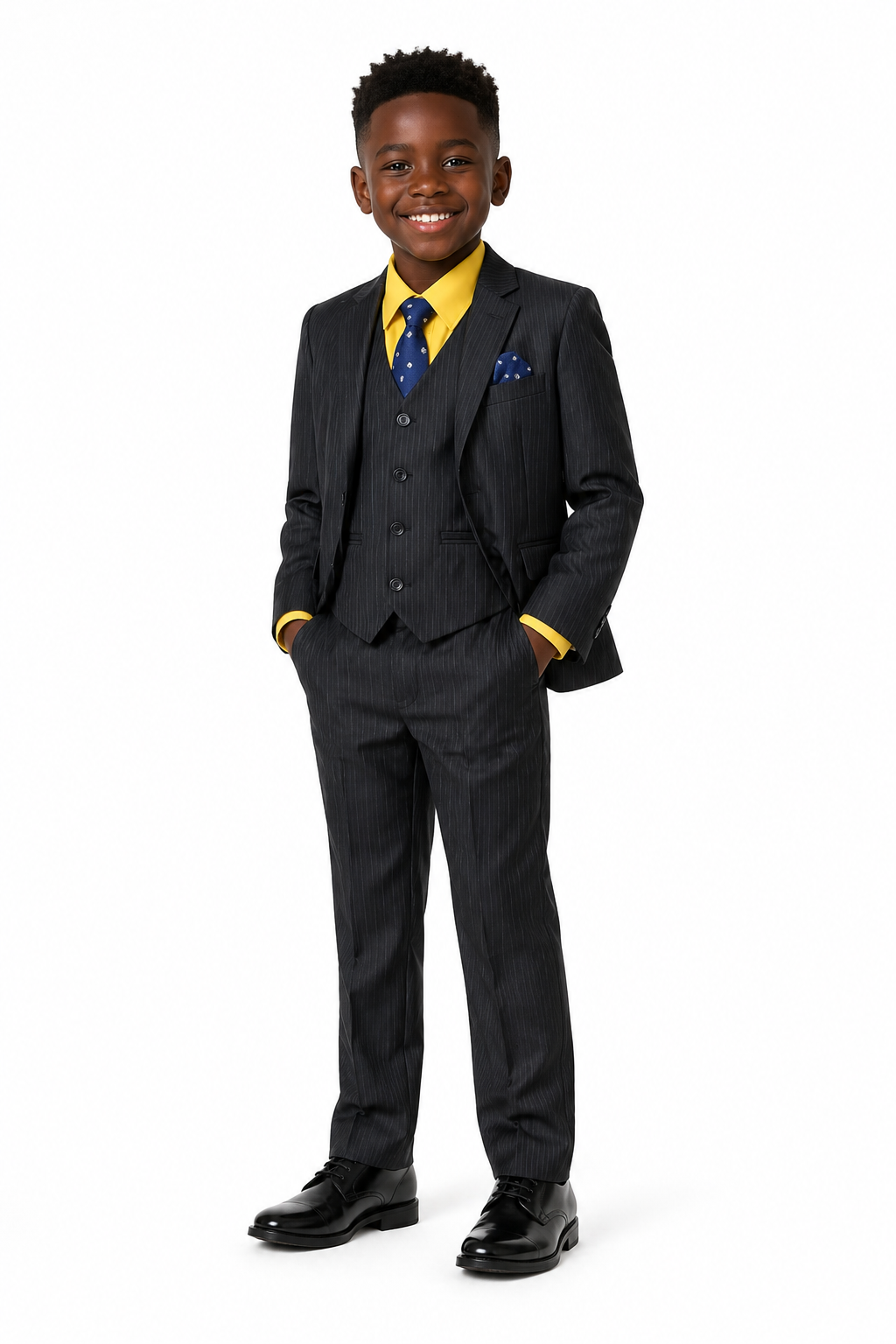 Young boy wearing a grey suit with a yellow shirt and blue tie on a white background