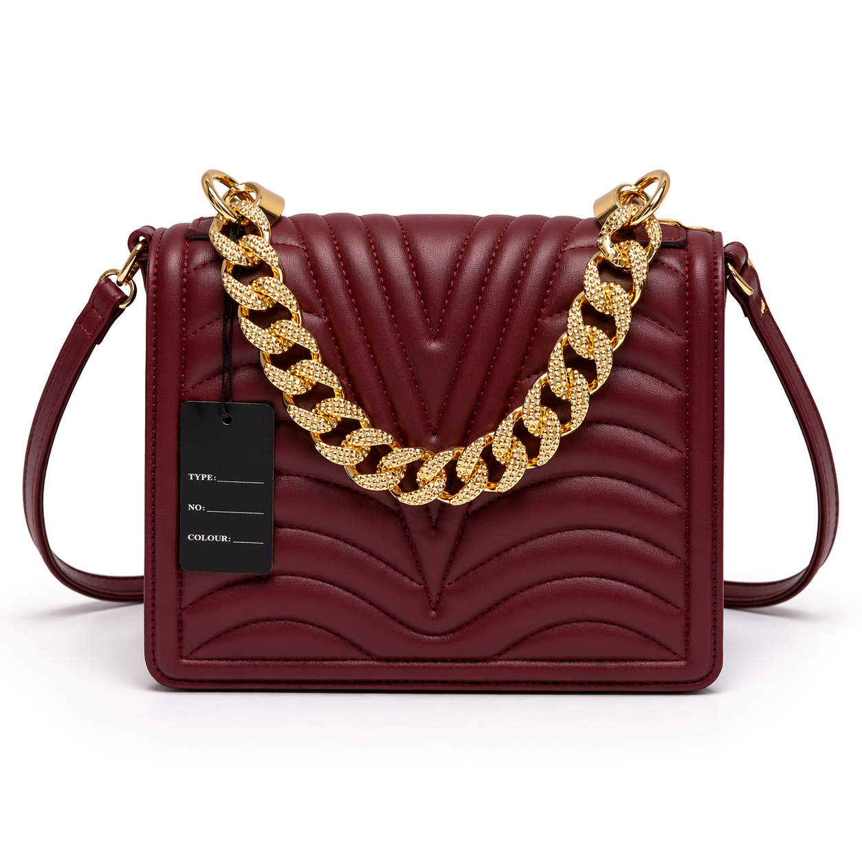 Maroon handbag with gold chain strap on a white background