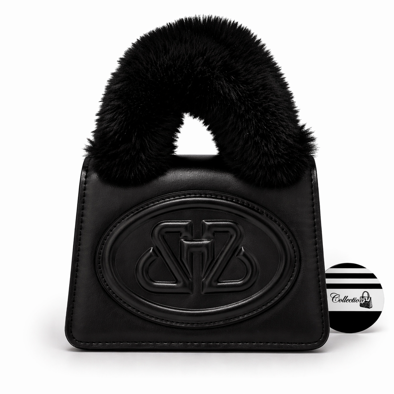 Black handbag with fur handle and logo on a white background